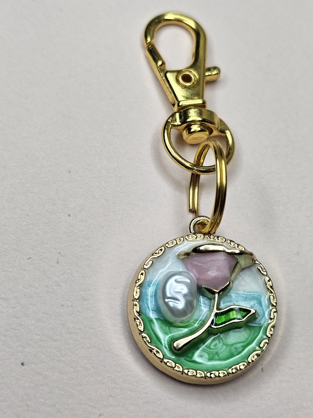 Gold-Plated Pastel Rose Keychain Charm - Picture 3 of 4
